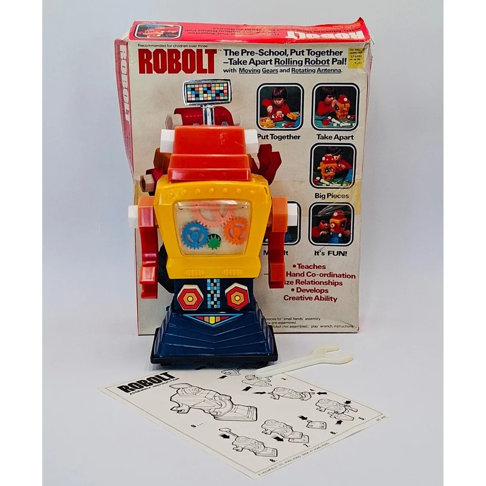 Vintage ROBOLT No 1490 Take Apart Rolling Robot Toy Box Parts Repair As-Is